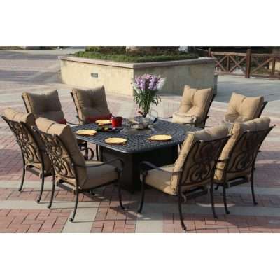 Darlee Santa Anita 9 Piece Cast Aluminum Patio Fire Pit Dining Set