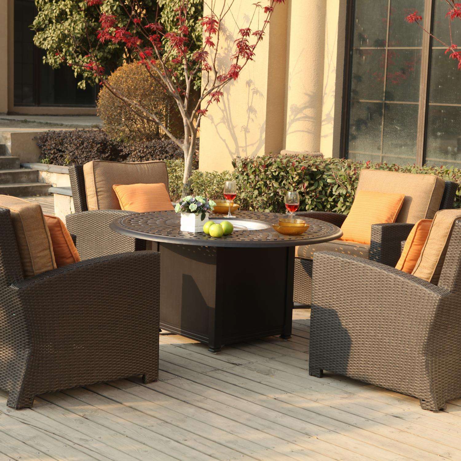 Darlee Vienna 5 Piece Resin Wicker Fire Pit Patio Set