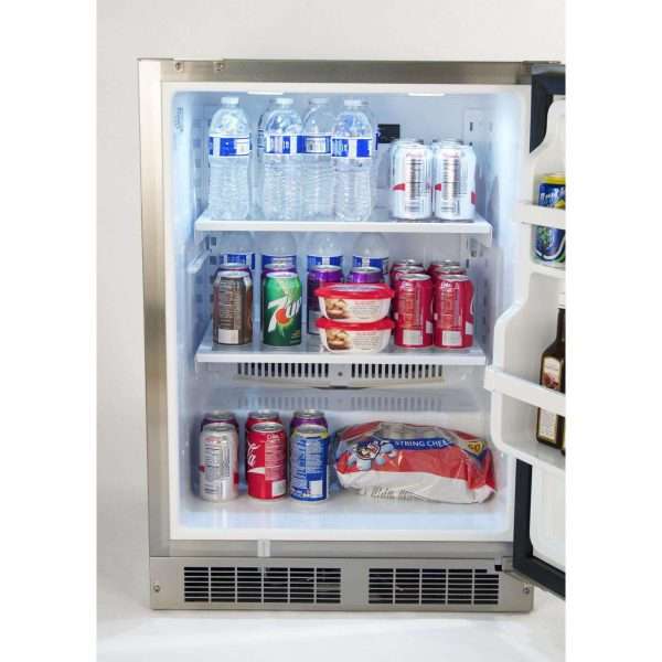 Fire Magic 24 Inch 6.5 Cu. Ft. Left Hinged Outdoor Built-In Refrigerator - Door Open w/Lights On
