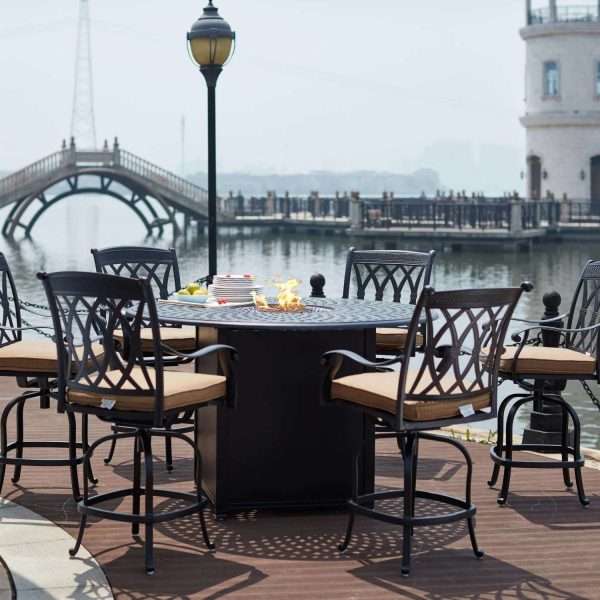 Darlee Capri 7 Piece Cast Aluminum Round Patio Fire Pit Bar Set