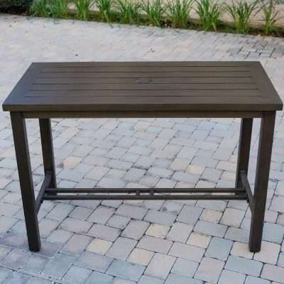 Darlee Brooklyn 5 Piece Patio Counter Height Bar Set w/ Rectangular Serving Table & Sesame Cushions