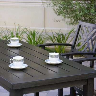 Darlee Brooklyn 5 Piece Patio Counter Height Bar Set w/ Rectangular Serving Table & Sesame Cushions