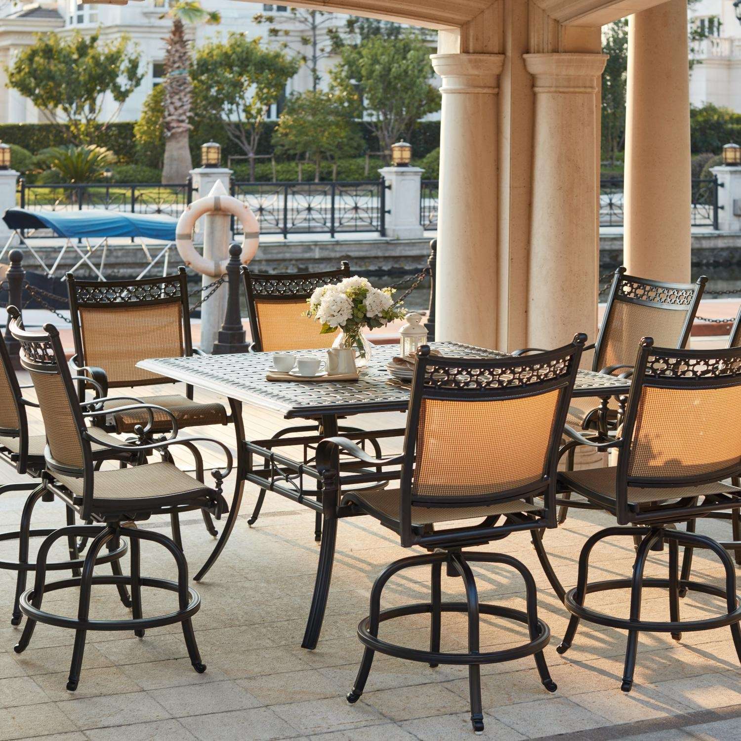Mountain View 1 Darlee Mountain View 9 Piece Cast Aluminum Sling Patio Bar Set W/ Square Counter Height Table