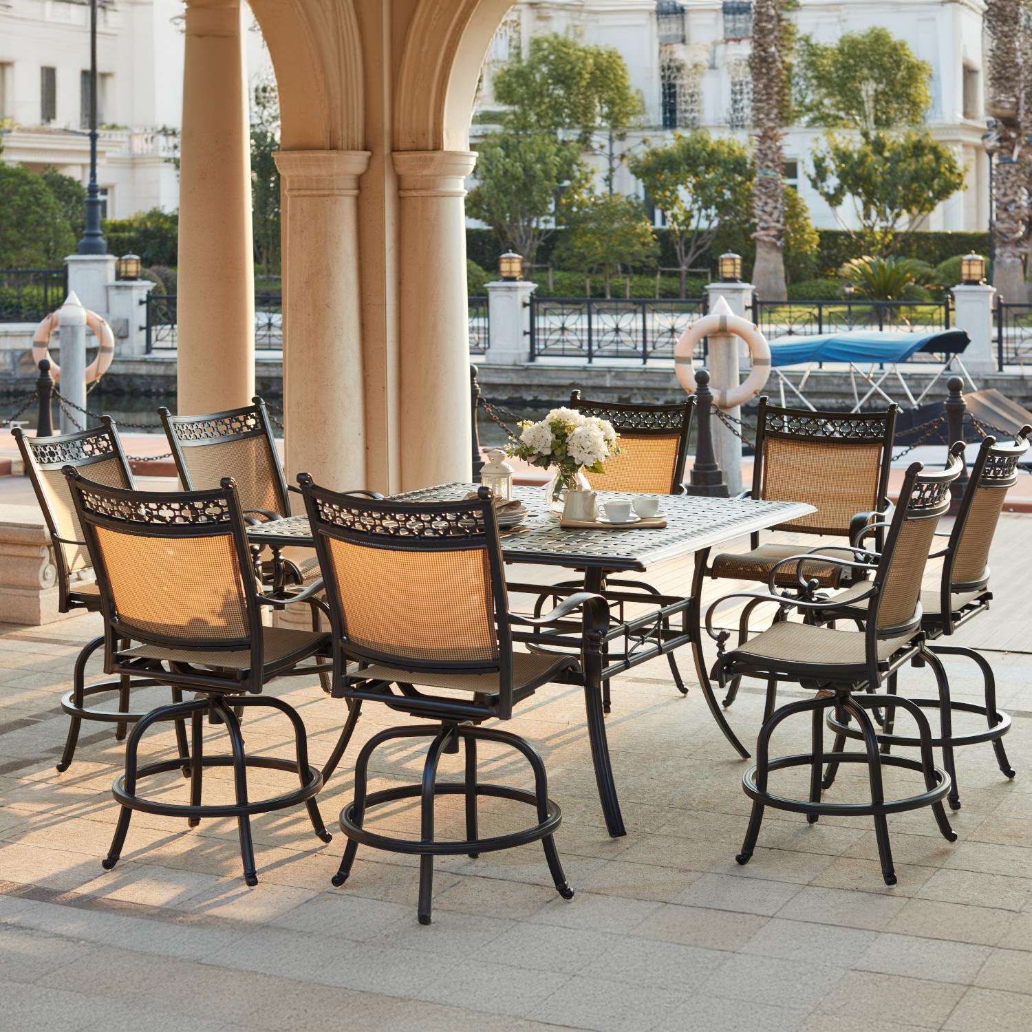 Mountain View 2 Darlee Mountain View 9 Piece Cast Aluminum Sling Patio Bar Set W/ Square Counter Height Table