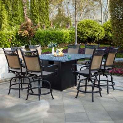 Darlee Mountain View 9 Piece Cast Aluminum Sling Patio Counter Height Fire Pit Bar Set W/ Square Table