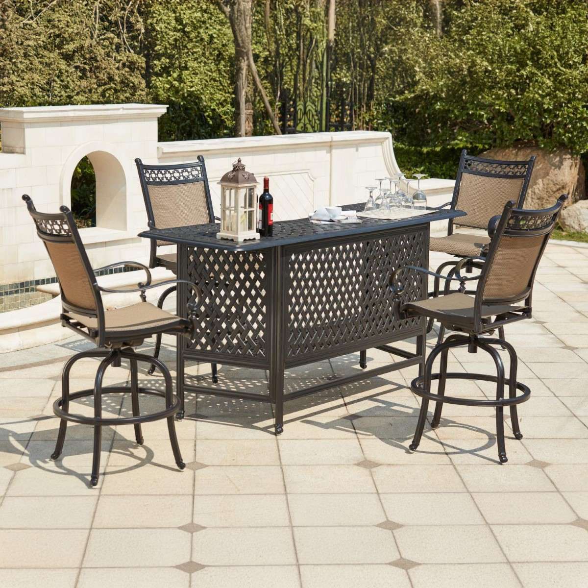Mountain View 2 Darlee Mountain View 5 Piece Cast Aluminum Sling Patio Party Bar Set W/ Swivel Bar Stools