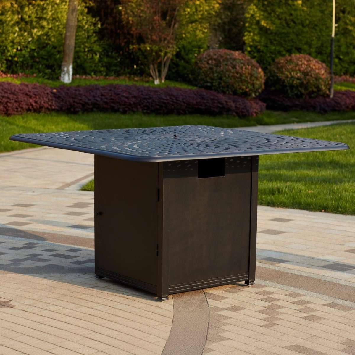 Mountain View 3 Darlee Mountain View 9 Piece Cast Aluminum Sling Patio Counter Height Fire Pit Bar Set W/ Square Table