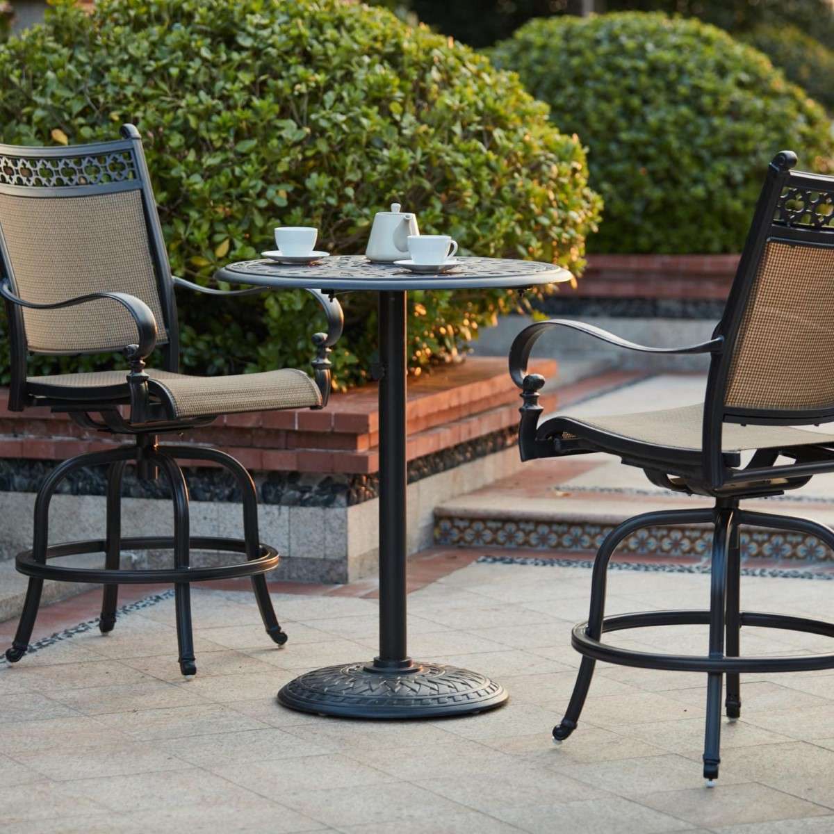 Darlee Mountain View 3 Piece Cast Aluminum Sling Patio Counter Height Swivel Bar Stool Set Round