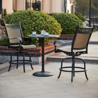 Darlee Mountain View 3 Piece Cast Aluminum Sling Patio Counter Height Swivel Bar Stool Set Round Table