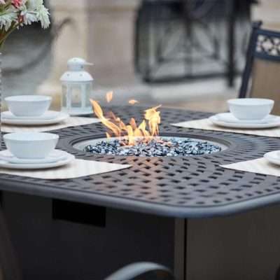 Darlee Mountain View 9 Piece Cast Aluminum Sling Patio Counter Height Fire Pit Bar Set W/ Square Table