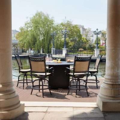 Darlee Mountain View 7 Piece Cast Aluminum Sling Patio Counter Height Fire Pit Bar Set W Round Table