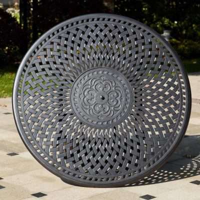 Darlee Mountain View 7 Piece Cast Aluminum Sling Patio Counter Height Fire Pit Bar Set W Round Table