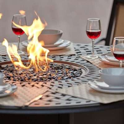 Darlee Mountain View 7 Piece Cast Aluminum Sling Patio Counter Height Fire Pit Bar Set W Round Table