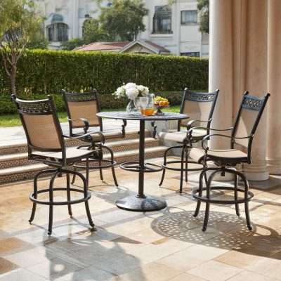 Darlee Mountain View 5 Piece Cast Aluminum Sling Patio Swivel Bar Stool Set W/ Round Table