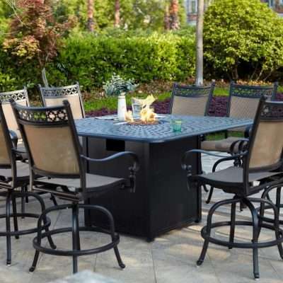 Darlee Mountain View 9 Piece Cast Aluminum Sling Patio Counter Height Fire Pit Bar Set W/ Square Table