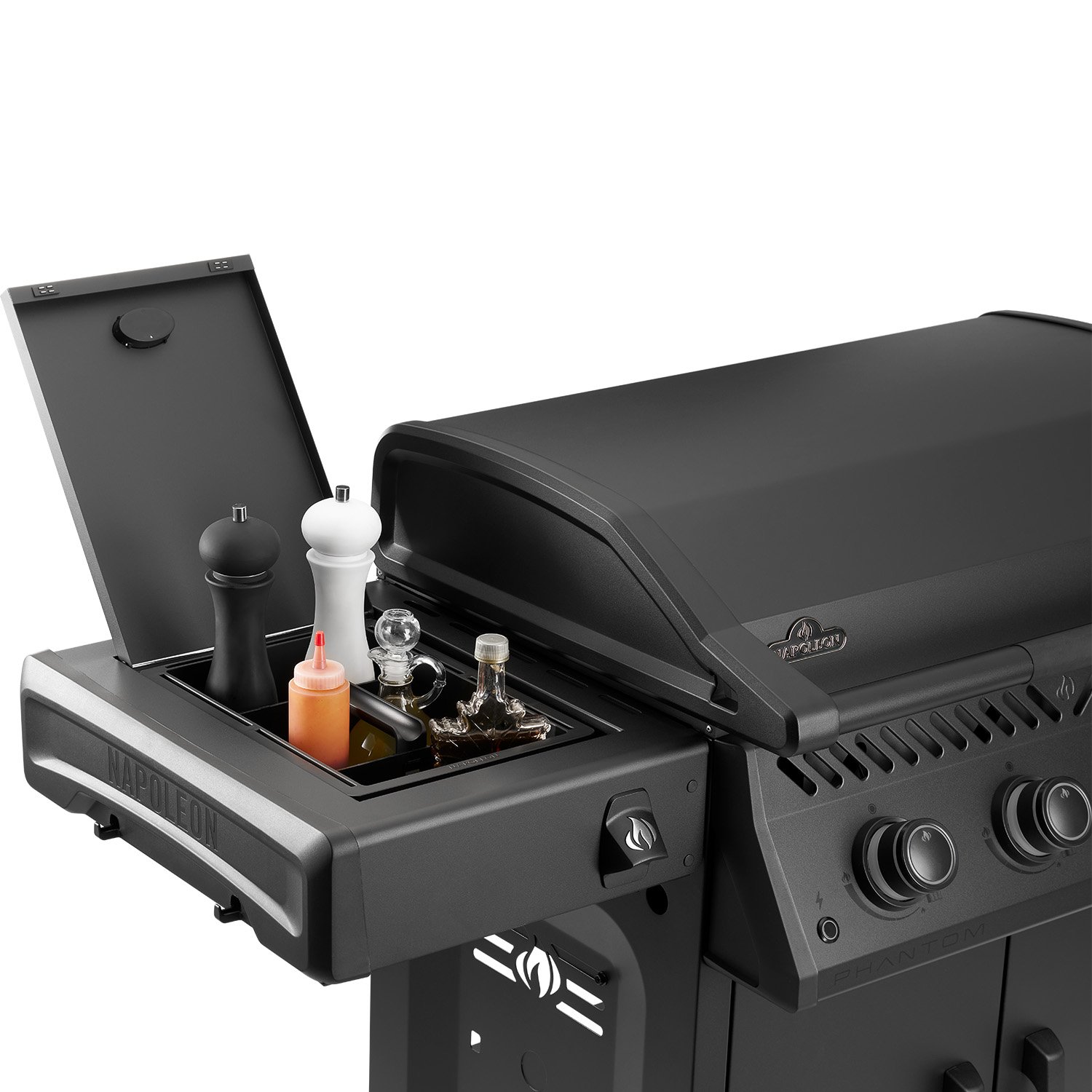 RP30FTPK-PHM_RoguePro_Detail-Ang-ShlfCaddy Napoleon Rogue PRO Phantom 30" Freestanding Gas Griddle Bin