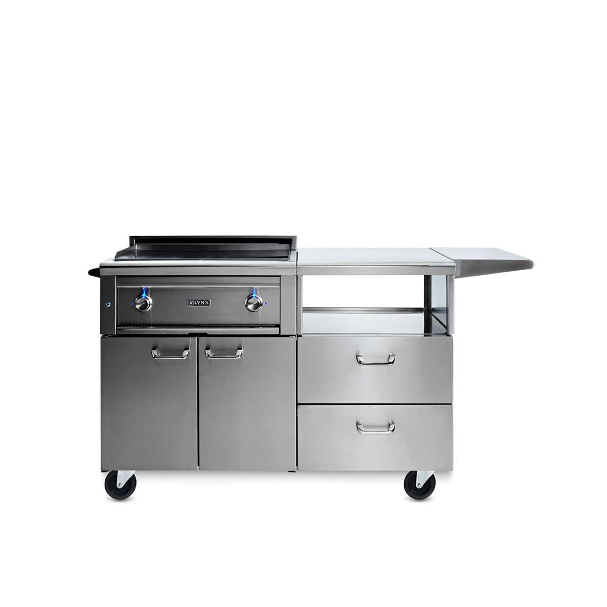 L30AGM_lid_open_lights_on_ Lynx Asado 30" Freestanding Flat Top Grill On Kitchen Cart