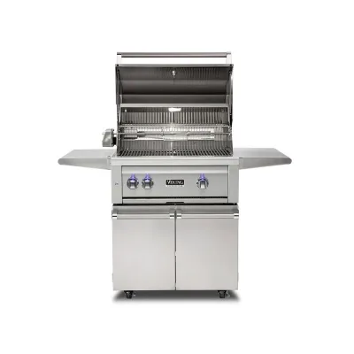 Viking 30-Inch Freestanding Grill with Rotisserie with Hood Open