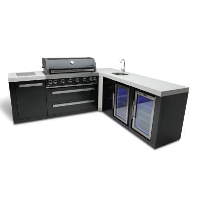 Mont Alpi 805 Black Stainless Steel Island with 90 Degree Corner, Beverage Center and Fridge Cabinet - MAi805-BSS90BEVFC